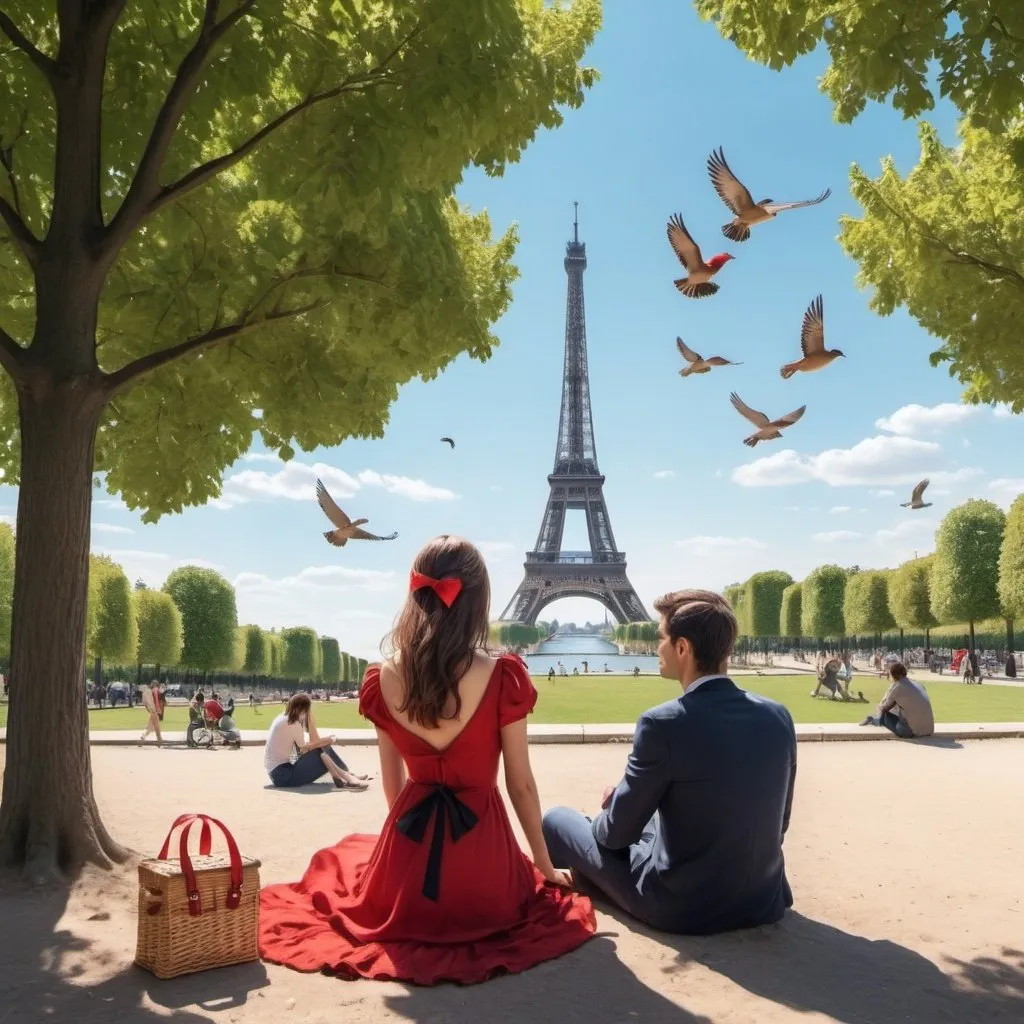 Prompt: A girl with brown hair and a red dress with a ribbon in her hair. She is sitting with a picnic in a parc in Paris, her lover is standing, leaving. The sky is blue, there are many birds and people are walking in the parc. There is a lot of tree and we can see the effeil tower
