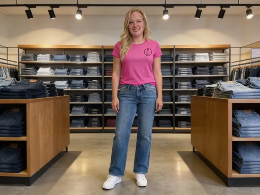 Prompt: @DUwklvnO0PCNkVrL4JfX Have the model standing in Simply You & Co women's clothing store in the jeans department wearing the jeans and top shown in the reference section. Have the model standing far enough back for a full body image and have the model wearing white tennis shoes.