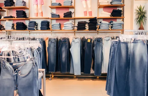 Prompt: Model Lauren walking around a women's fashion store in the jeans collection, detailed clothing, realistic, natural lighting.  