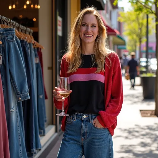 Prompt: @2UWv8wYClrRdUv638g89 Wearing a red sweater and a pair of medium blue wide leg jeans. standing outside of a women's clothing store with jeans in the window. 