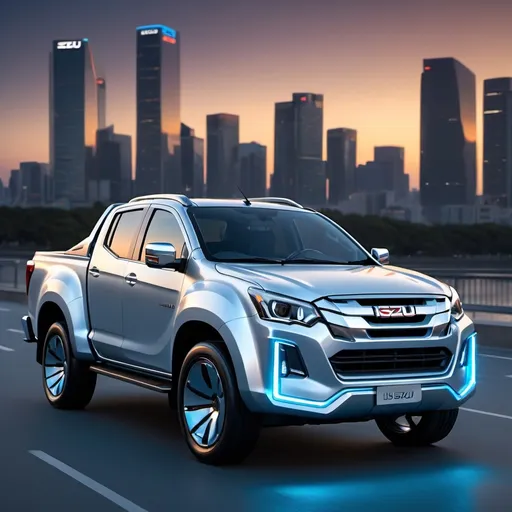 Prompt: (futuristic Isuzu pick-up truck), sleek and aerodynamic design, metallic silver body with neon blue accents, innovative features integrated into the exterior, glowing headlights, modern alloy wheels, dynamic posture showcasing movement, set against a vibrant city skyline backdrop at dusk, with a warm, ethereal glow illuminating the scene, high detail, 4K quality.