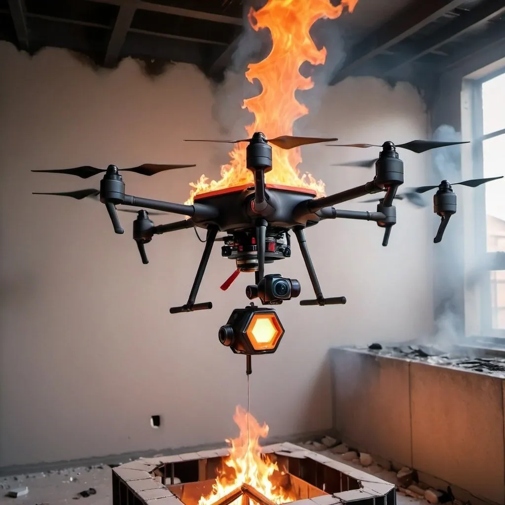 Prompt: A hexagon flat drone with a camera putting off fire in a building
