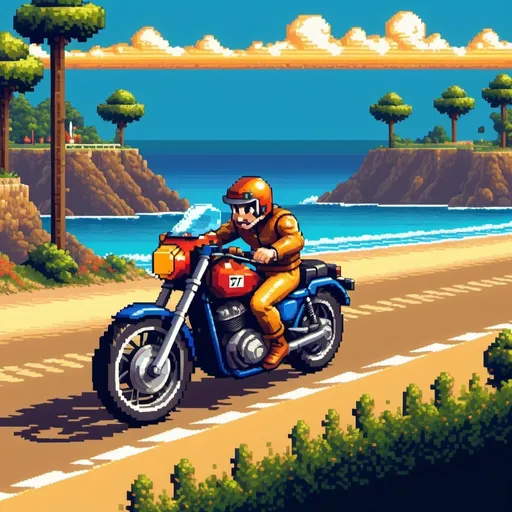 Prompt: A motorcycle going down a coast road 8-bit style 