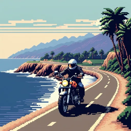 Prompt: A motorcycle going down a coast road 8-bit style 