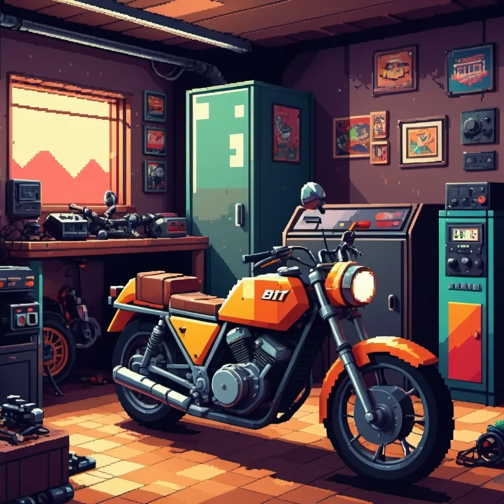 Prompt: A motorcycle in a garage 8-bit style