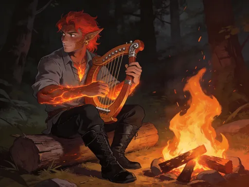 Prompt: He's a fire genasi. He plays the Cli Lyre to the right. He has red hair. He has brownish-red skin. He's sitting in front of a campfire on a log while turning left. He has a grey shirt on and black pants and boots.