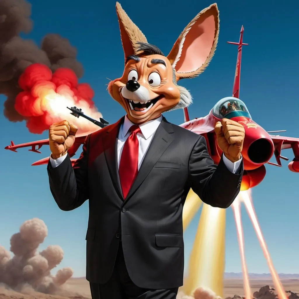 Prompt: Xi jinping as wile e. Coyote in a dark suit and red tie dropping flares from a jet fighter plane