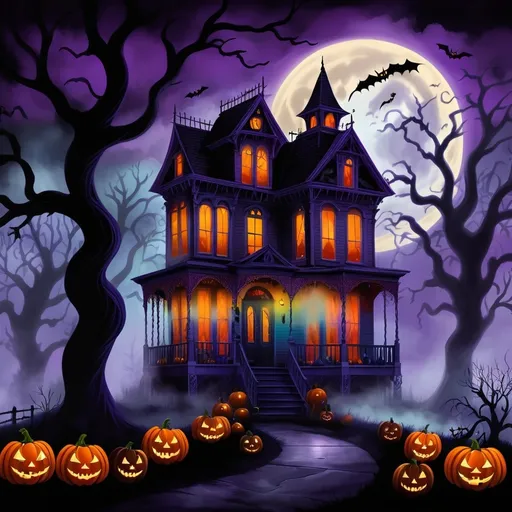 Prompt: (Halloween style house), eerie atmosphere, spooky decorations, full moon casting shadows, twisted trees, fog enveloping the ground, vibrant jellybean colors contrasting with dark ambiance, cozy yet frightening, intricate details in window designs, warm dim lighting illuminating the porch, ultra-detailed, cinematic style, high-definition visual.