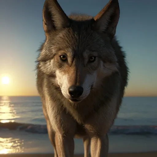Prompt: a wolf standing on a beach next to the ocean at sunset with the sun shining on the water and the ocean behind it, Caspar Wolf, computer art, animal photography, computer graphics