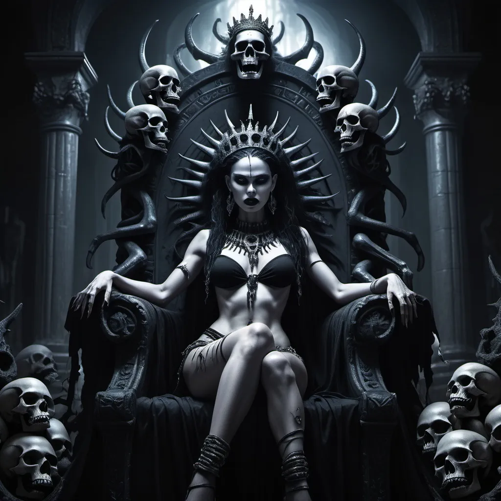 Prompt: Beautiful Queen of the Damned, on a large throne of bone and skulls, upon the top of the throne is a dark creature with tendrils and sharp dripping fangs, Dark, ominous, shadow art of known artists.