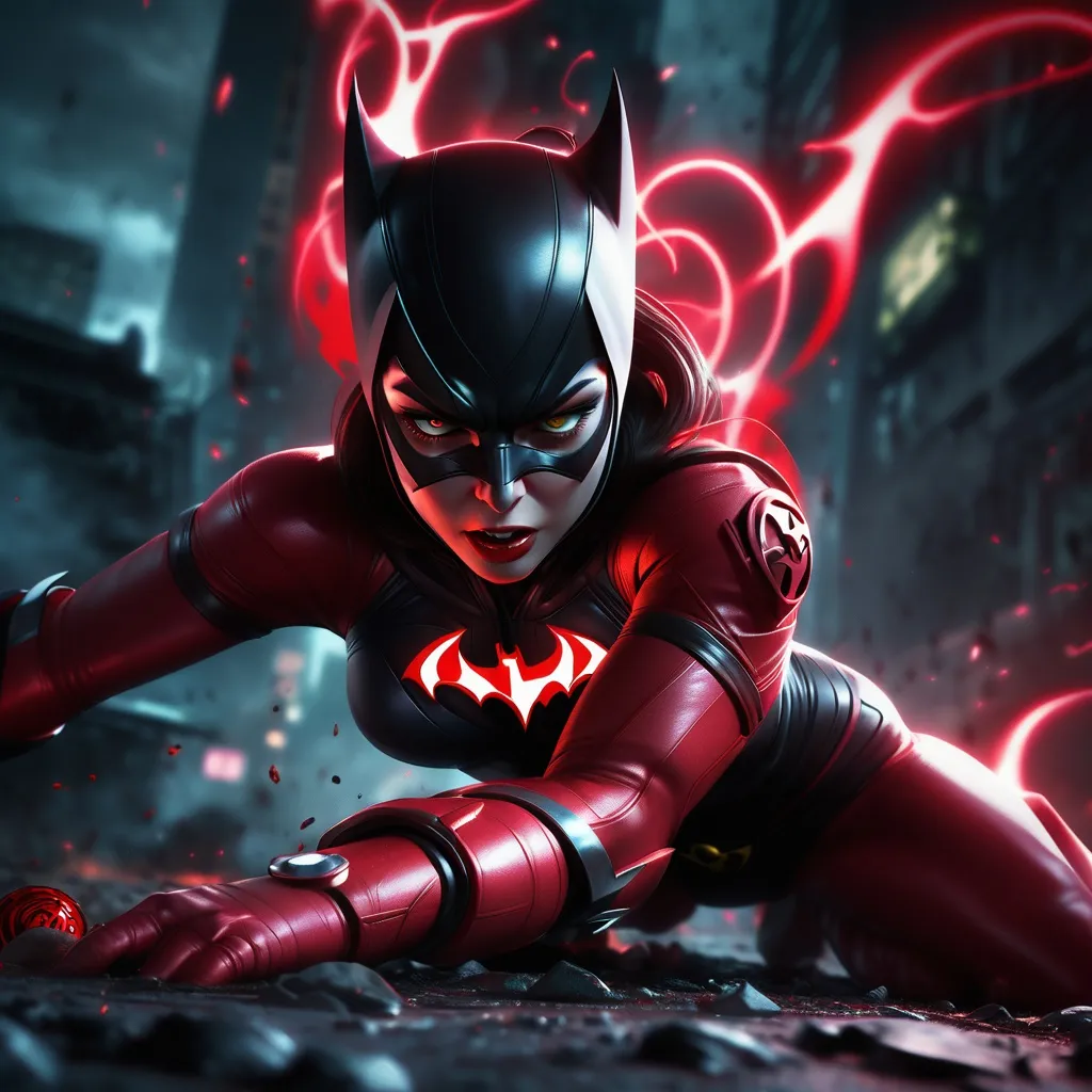 Prompt: Catwoman powered by a red lantern ring, glowing red suit, red lantern core symbol upon it, anger fills her eyes as Batman is dead on the ground next to her, rageful, angry face expression. Best quality, highly detailed, cinematic. Inspired by Loish, Ash Thorp, and Greg Rutkowski. Explosive colors, dynamic composition, intricate textures, cinematic lighting, high-octane energy, detailed environments