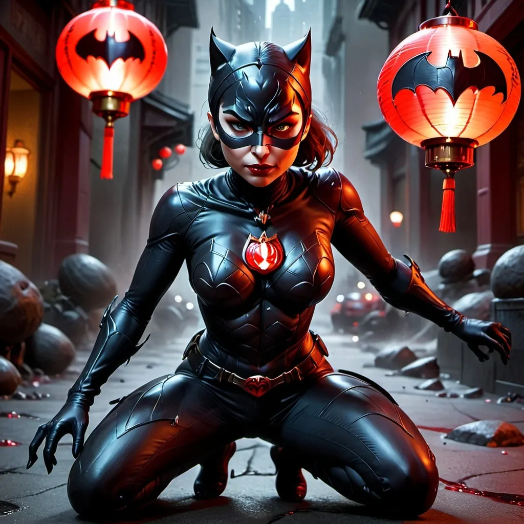 Prompt: Catwoman powered by a red lantern ring, glowing red suit, red lantern core symbol upon it, anger fills her eyes as Batman is dead on the ground next to her, rageful, angry face expression. Best quality, highly detailed, cinematic. Inspired by Loish, Ash Thorp, and Greg Rutkowski. Explosive colors, dynamic composition, intricate textures, cinematic lighting, high-octane energy, detailed environments