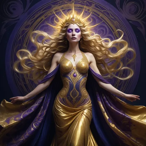 Prompt: Regal Lady of Chaos, draped in a resplendent golden gown with intricate, swirling patterns that shimmer like the sun, set against a backdrop of deep, foreboding blues and purples, evoking a sense of mystique and wonder, with radiant, ethereal light emanating from behind her, casting a halo effect, as if divinity itself had been distilled into her being, her beauty is both captivating and humbling, with delicate, luminous skin and raven tresses that cascade down her back like a waterfall of night, inspired by the dramatic lighting of Caravaggio, the vivid colors of Odilon Redon, and the intricate, symbolic details of H.R. Giger.