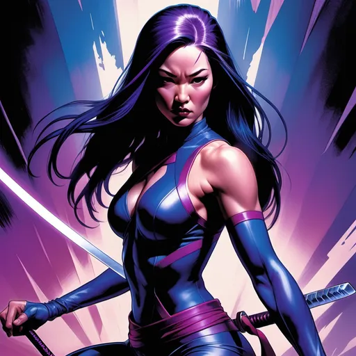 Prompt: Vibrant comic book illustration. Medium shot. Psylocke in an elegant pose, dressed in standard X-Men gear, holding a katana and showcasing her telepathic power. Dramatic chiaroscuro. Soft, sensual folds of fabric, flowing telepathic energy lines, dynamic comic book shading. Moody, pastel colors with deep blues and purples. Best quality, high contrast, 8k resolution, incredibly detailed, digital painting, Jim Lee style, graphic novel artwork, superheroine, powerful women, martial arts,