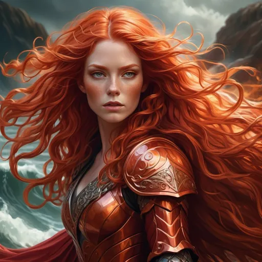 Prompt: A highly detailed fantasy digital painting depicts an intense, ethereal woman with long, flowing fiery red hair cascading in voluminous waves that extend beyond the frame. Her vibrant, copper-red locks are styled in loose curls, in red armor ready for battle