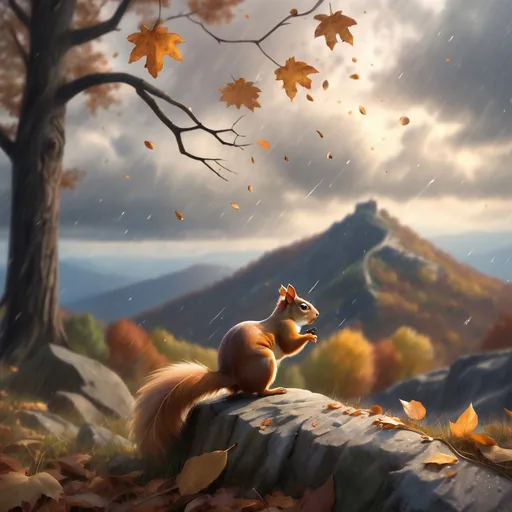 Prompt: Impressionist landscape. Medium shot. A squirrel searches for food beneath a lone tree with leaves falling in autumn, on a mountain top. Wide angle. Soft, feathery brushstrokes. Warm, golden light on the squirrel's fur. Leaves swirling in the air, with some caught in a spider's web. Moody, atmospheric clouds gather in the pale sky, with misty rain approaching. Earthy tones, muted colors, subtle texture. Best quality, highly detailed, whimsical, serene, and peaceful.