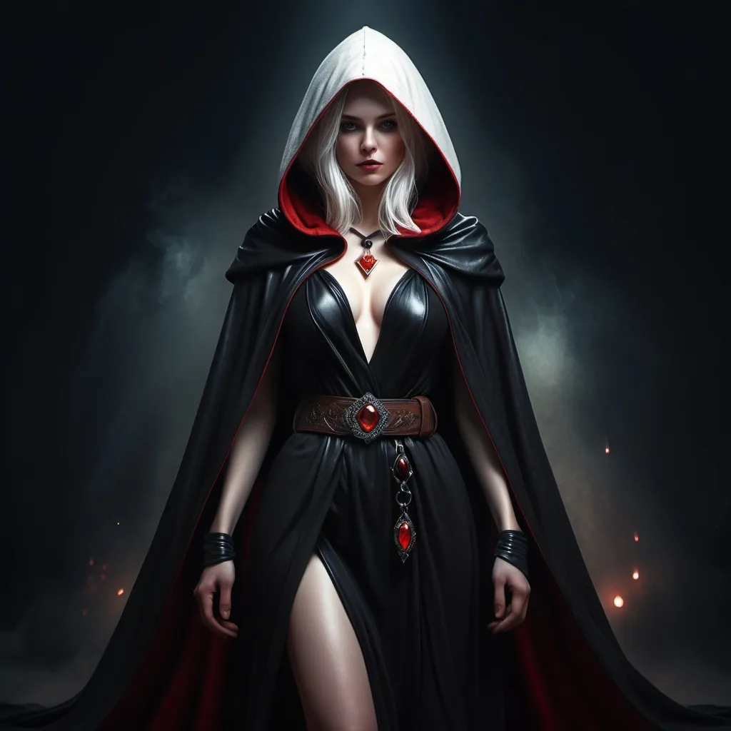 Prompt: Dark fantasy illustration. Full body view. Pale woman with white hair in a hooded cloak and revealing evening gown, black leather with red accents, double brown belt with red gem. Moody, mysterious atmosphere. High contrast, warm glow, subtle rim lighting. 4K quality, Ultra Detailed textures, cinematic lighting, HDR, depth of field, intricate patterns, luxurious fabrics, gemstone sparkle, subtle gradient, eerie ambiance, fantasy realism, haunting beauty, gothic elegance.