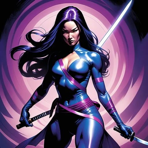 Prompt: Vibrant comic book illustration. Medium shot. Psylocke in an elegant pose, dressed in standard X-Men gear, holding a katana and showcasing her telepathic power. Dramatic chiaroscuro. Soft, sensual folds of fabric, flowing telepathic energy lines, dynamic comic book shading. Moody, pastel colors with deep blues and purples. Best quality, high contrast, 8k resolution, incredibly detailed, digital painting, Jim Lee style, graphic novel artwork, superheroine, powerful women, martial arts,