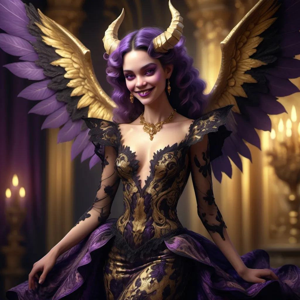 Prompt: Baroque fantasy art. Full body portrait. Female winged demon with a flirtatious smile in a moderate pose. Cinematic lighting. Gold, black, and purple lace gown. Delicate, intricate textures. Soft, glowing shadows. Warm, golden color scheme with deep purples and blacks. Ultra detailed, high contrast. Masterpiece. Best quality. 8k resolution. Digital painting. Fantasy illustration. Ornate, swirling patterns. Dramatic, expressive folds. Michael Whelan. Boris Vallejo.