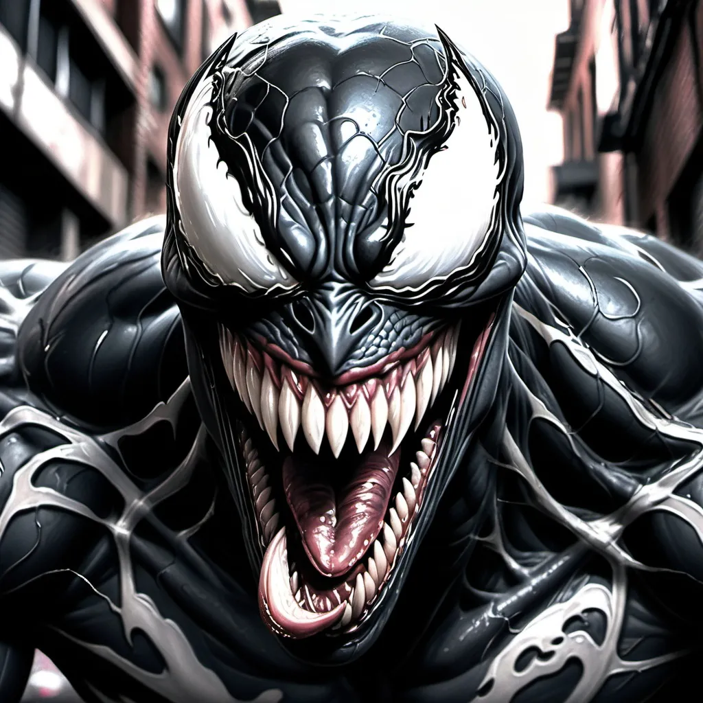 Prompt: Hyper-realistic pencil drawing. Close-up portrait. Venom's grotesque face is twisted in a snarl, revealing sharp teeth, amidst a dark and gritty urban alleyway. Macro shot. High-contrast chiaroscuro. Sharp, textured pencil marks. Deep, velvety shadows. Dramatic lighting with intense highlights on Venom's wet, glossy skin. Best quality. 4k resolution. Intricately detailed. High dynamic range. Polished, photorealistic finish. Graphite and charcoal techniques. Inspired by the works of Zdzisław Beksiński and H.R. Giger.