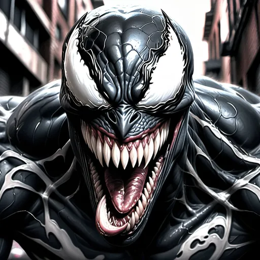 Prompt: Hyper-realistic pencil drawing. Close-up portrait. Venom's grotesque face is twisted in a snarl, revealing sharp teeth, amidst a dark and gritty urban alleyway. Macro shot. High-contrast chiaroscuro. Sharp, textured pencil marks. Deep, velvety shadows. Dramatic lighting with intense highlights on Venom's wet, glossy skin. Best quality. 4k resolution. Intricately detailed. High dynamic range. Polished, photorealistic finish. Graphite and charcoal techniques. Inspired by the works of Zdzisław Beksiński and H.R. Giger.