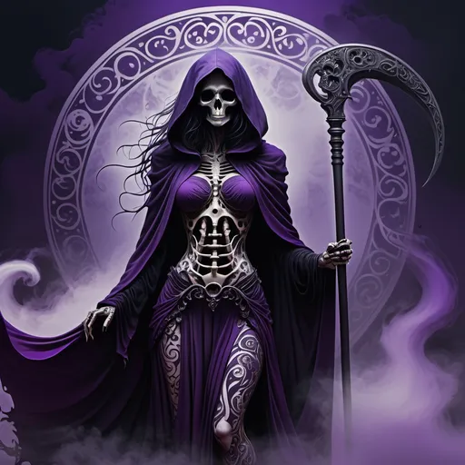 Prompt: a darkly inked female grim reaper, her silhouette defined in rich violet ink, draped in a flowing cloak that swirls with an ethereal mist, gripping an ornate scythe elegantly, intricate patterns embellishing her attire, set against a gloomy yet captivating background, reminiscent of gothic art, capturing the essence of mystique and the supernatural, highly detailed, 4K UHD image