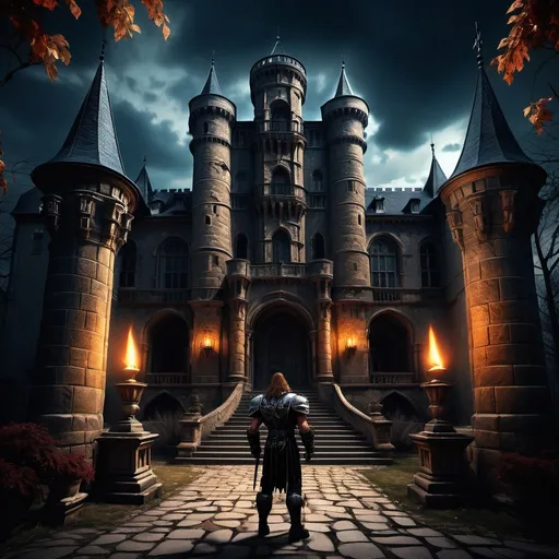 Prompt: Dark Gothic digital art. Medium shot. Simon Belmont stands tall in the castle courtyard. Wide shot. Dramatic lighting with deep shadows and warm glow of torches. Ornate stone carvings and vines cover the castle walls. Vibrant colors and bold lines. A sense of foreboding and ancient mystery. Best quality. Gothic architecture, 16th century castle, Transylvanian landscape, dark fantasy, medieval atmosphere, mysterious, haunting, intense, dramatic, epic