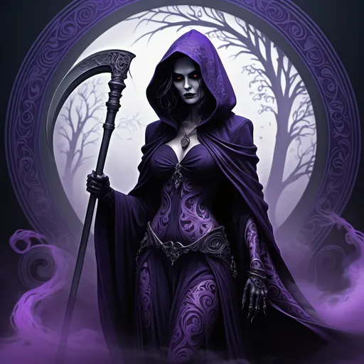 Prompt: a darkly inked female grim reaper, her silhouette defined in rich violet ink, draped in a flowing cloak that swirls with an ethereal mist, gripping an ornate scythe elegantly, intricate patterns embellishing her attire, set against a gloomy yet captivating background, reminiscent of gothic art, capturing the essence of mystique and the supernatural, highly detailed, 4K UHD image