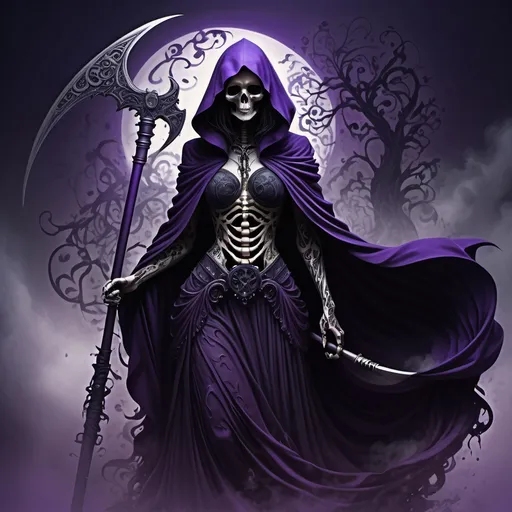 Prompt: a darkly inked female grim reaper, her silhouette defined in rich violet ink, draped in a flowing cloak that swirls with an ethereal mist, gripping an ornate scythe elegantly, intricate patterns embellishing her attire, set against a gloomy yet captivating background, reminiscent of gothic art, capturing the essence of mystique and the supernatural, highly detailed, 4K UHD image