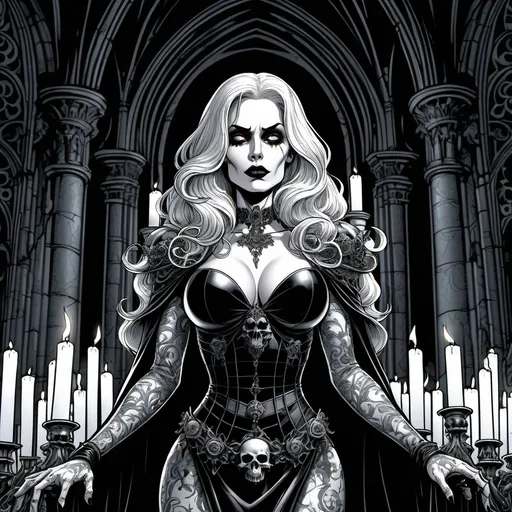 Prompt: Black and white, Chaos Comics illustration, close-up portrait. Lady Death standing in a dark, gothic cathedral, surrounded by skulls and candles. Gothic fantasy art. Intricate, ornate details in the cathedral's architecture. Vibrant, bold colors in Lady Death's costume. Dramatic, dynamic lighting with deep shadows. Best quality, incredibly detailed, 8k resolution. Comic book art, graphic novel style, dark fantasy, gothic architecture, occult symbols, skulls, candles, bold lines, vibrant colors, dynamic lighting.