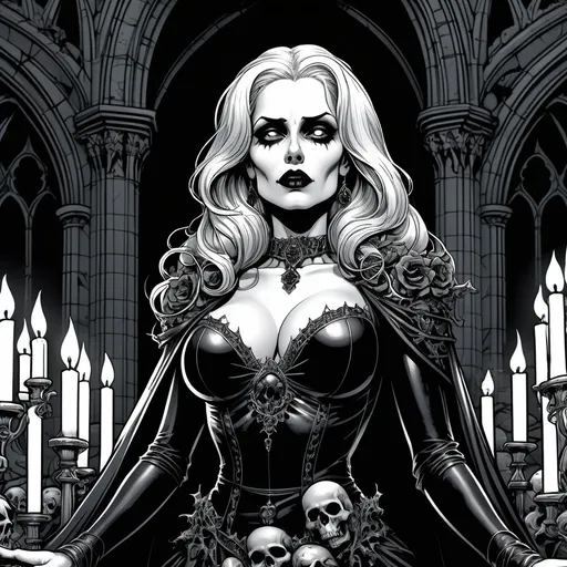 Prompt: Black and white, Chaos Comics illustration, close-up portrait. Lady Death standing in a dark, gothic cathedral, surrounded by skulls and candles. Gothic fantasy art. Intricate, ornate details in the cathedral's architecture. Vibrant, bold colors in Lady Death's costume. Dramatic, dynamic lighting with deep shadows. Best quality, incredibly detailed, 8k resolution. Comic book art, graphic novel style, dark fantasy, gothic architecture, occult symbols, skulls, candles, bold lines, vibrant colors, dynamic lighting.