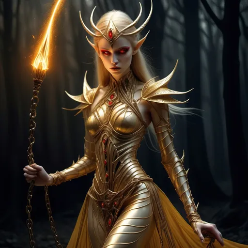 Prompt: Elegant elven female warrior, adorned in a resplendent golden gown with intricate black stripes, her porcelain skin radiant in the dark, glowing red eyes ablaze with inner fire, grasping an enchanted spiked chained golden whip, its links shimmering with ethereal light, reminiscent of the dramatic lighting of Zdzisław Beksiński, the delicate features and ornate attire evoking the Art Nouveau sensibilities of Alphonse Mucha, while the darker, mystical elements echo the haunting style of Junji Ito, with a blend of photorealistic textures and subtle, eerie glow, as if illuminated by an otherworldly moon.