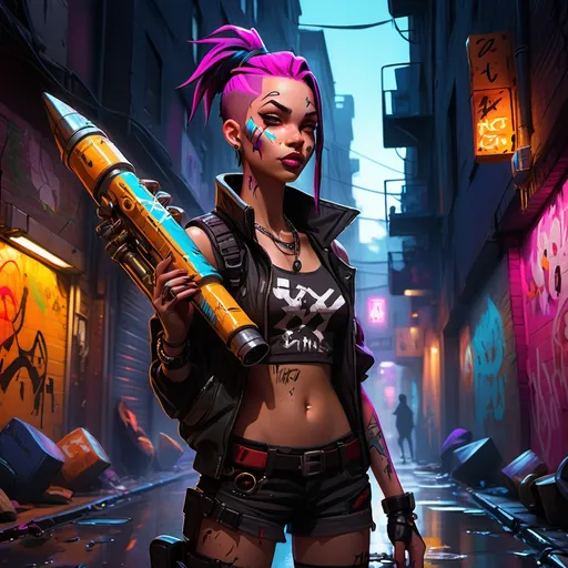 Prompt: Concept art. Close-up portrait. Jinx in a chaotic, dimly lit city alleyway, holding her iconic fishbone rocket launcher. Vibrant, high-contrast colors. Neon signs reflecting off wet pavement. Graffiti-covered walls with bold, dynamic brushstrokes. Golden hour lighting with deep shadows. Best quality, highly detailed, cinematic. Inspired by Loish, Ash Thorp, and Greg Rutkowski. Explosive colors, dynamic composition, intricate textures, cinematic lighting, high-octane energy, detailed environments.