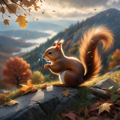 Prompt: Impressionist landscape. Medium shot. A squirrel searches for food beneath a lone tree with leaves falling in autumn, on a mountain top. Wide angle. Soft, feathery brushstrokes. Warm, golden light on the squirrel's fur. Leaves swirling in the air, with some caught in a spider's web. Moody, atmospheric clouds gather in the pale sky, with misty rain approaching. Earthy tones, muted colors, subtle texture. Best quality, highly detailed, whimsical, serene, and peaceful.