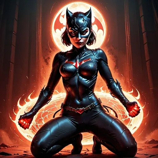 Prompt: Cinematic sci-fi illustration. Medium shot. Catwoman stands over Batman's lifeless body, red lantern ring glowing on her hand, red suit radiating intense energy. Dynamic composition. Glowing red core symbol on her chest, anger and rage burning in her eyes. Explosive red and orange hues, deep shadows, cinematic lighting. Highly detailed, intricate textures, best quality. Inspired by Loish, Ash Thorp, Greg Rutkowski. High-octane energy, intense emotions, dark gritty environments, dramatic flair, powerful posing, bold brushstrokes, vivid color palette, 8k resolution.