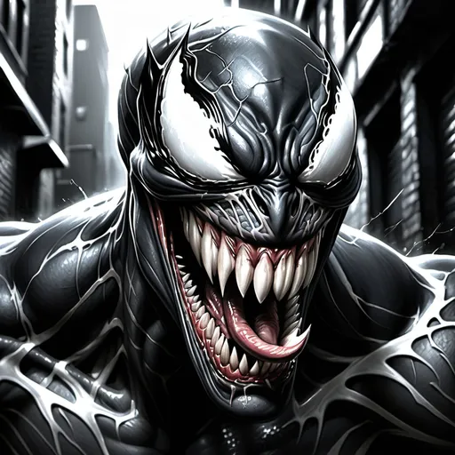 Prompt: Hyper-realistic pencil drawing. Close-up portrait. Venom's grotesque face is twisted in a snarl, revealing sharp teeth, amidst a dark and gritty urban alleyway. Macro shot. High-contrast chiaroscuro. Sharp, textured pencil marks. Deep, velvety shadows. Dramatic lighting with intense highlights on Venom's wet, glossy skin. Best quality. 4k resolution. Intricately detailed. High dynamic range. Polished, photorealistic finish. Graphite and charcoal techniques. Inspired by the works of Zdzisław Beksiński and H.R. Giger.