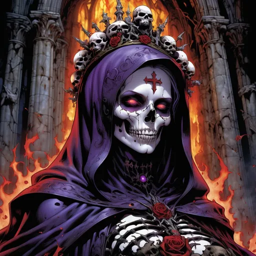 Prompt: Dynamic comic book art. Close-up portrait. Our Lady of Death, surrounded by skulls and dark flames, in a ruined church. High contrast. Vibrant colors with bold black lines. Skulls and flames in detailed, ornate patterns. Dark, ominous shadows. High-energy lighting with flashes of red and purple. Comic book style, Jim Lee, Todd McFarlane, Greg Capullo, detailed textures, high-octane action, dark fantasy, gothic architecture, occult symbolism, bold graphic novel style.