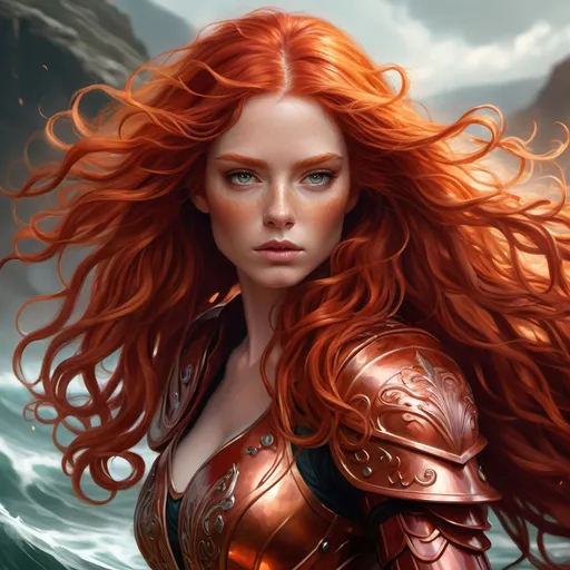 Prompt: A highly detailed fantasy digital painting depicts an intense, ethereal woman with long, flowing fiery red hair cascading in voluminous waves that extend beyond the frame. Her vibrant, copper-red locks are styled in loose curls, in red armor ready for battle