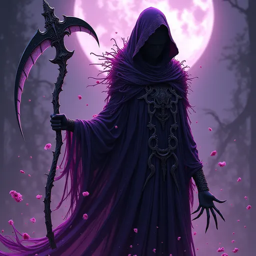 Prompt: a darkly inked female grim reaper, her silhouette defined in rich violet ink, draped in a flowing cloak that swirls with an ethereal mist, gripping an ornate scythe elegantly, intricate patterns embellishing her attire, set against a gloomy yet captivating background, reminiscent of gothic art, capturing the essence of mystique and the supernatural, highly detailed, 4K UHD image