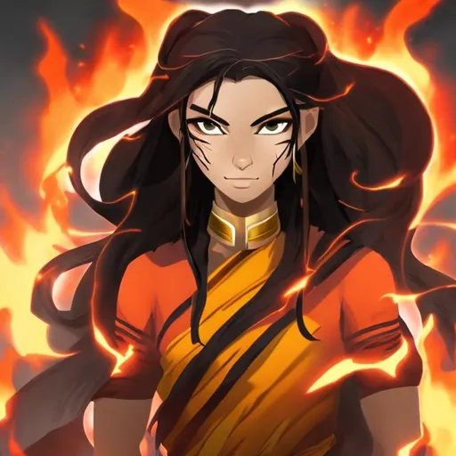 Prompt: Female fire monk with Long black hair, build like track runner green eyes and tan skin