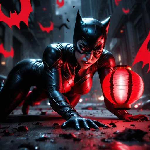 Prompt: Catwoman powered by a red lantern ring, glowing red suit, red lantern core symbol upon it, anger fills her eyes as Batman is dead on the ground next to her, rageful, angry face expression. Best quality, highly detailed, cinematic. Inspired by Loish, Ash Thorp, and Greg Rutkowski. Explosive colors, dynamic composition, intricate textures, cinematic lighting, high-octane energy, detailed environments