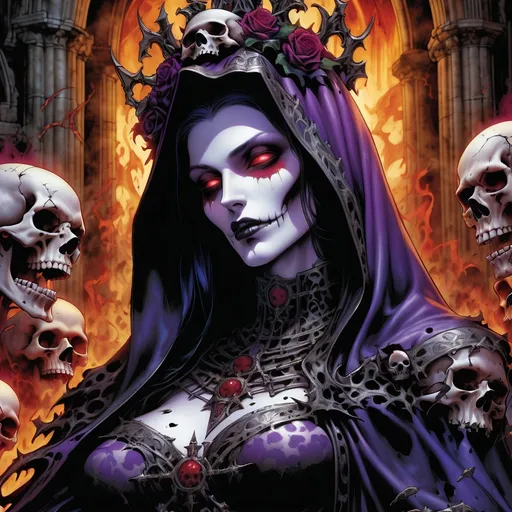 Prompt: Dynamic comic book art. Close-up portrait. Our Lady of Death, surrounded by skulls and dark flames, in a ruined church. High contrast. Vibrant colors with bold black lines. Skulls and flames in detailed, ornate patterns. Dark, ominous shadows. High-energy lighting with flashes of red and purple. Comic book style, Jim Lee, Todd McFarlane, Greg Capullo, detailed textures, high-octane action, dark fantasy, gothic architecture, occult symbolism, bold graphic novel style.