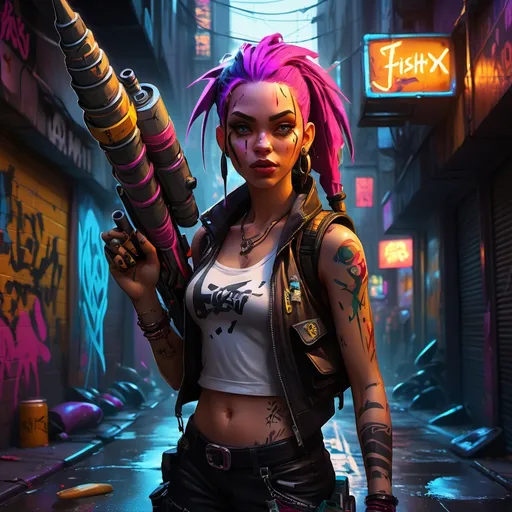 Prompt: Concept art. Close-up portrait. Jinx in a chaotic, dimly lit city alleyway, holding her iconic fishbone rocket launcher. Vibrant, high-contrast colors. Neon signs reflecting off wet pavement. Graffiti-covered walls with bold, dynamic brushstrokes. Golden hour lighting with deep shadows. Best quality, highly detailed, cinematic. Inspired by Loish, Ash Thorp, and Greg Rutkowski. Explosive colors, dynamic composition, intricate textures, cinematic lighting, high-octane energy, detailed environments.