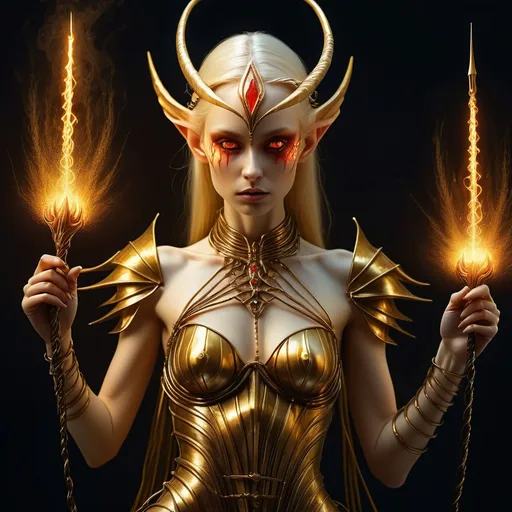 Prompt: Elegant elven female warrior, adorned in a resplendent golden gown with intricate black stripes, her porcelain skin radiant in the dark, glowing red eyes ablaze with inner fire, grasping an enchanted spiked chained golden whip, its links shimmering with ethereal light, reminiscent of the dramatic lighting of Zdzisław Beksiński, the delicate features and ornate attire evoking the Art Nouveau sensibilities of Alphonse Mucha, while the darker, mystical elements echo the haunting style of Junji Ito, with a blend of photorealistic textures and subtle, eerie glow, as if illuminated by an otherworldly moon.