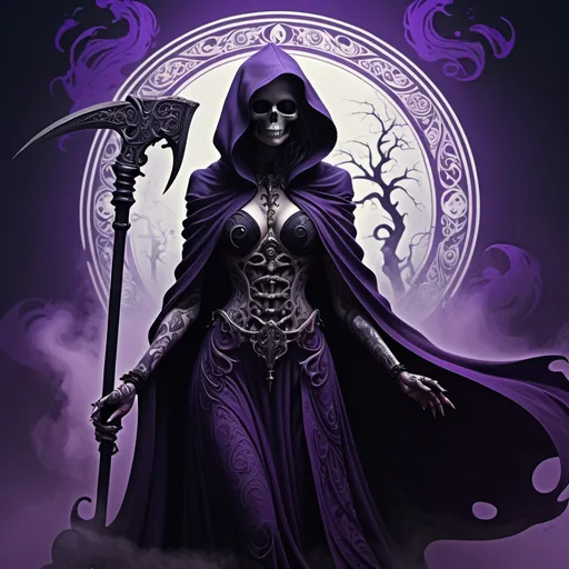 Prompt: a darkly inked female grim reaper, her silhouette defined in rich violet ink, draped in a flowing cloak that swirls with an ethereal mist, gripping an ornate scythe elegantly, intricate patterns embellishing her attire, set against a gloomy yet captivating background, reminiscent of gothic art, capturing the essence of mystique and the supernatural, highly detailed, 4K UHD image