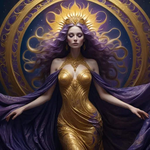 Prompt: Regal Lady of Chaos, draped in a resplendent golden gown with intricate, swirling patterns that shimmer like the sun, set against a backdrop of deep, foreboding blues and purples, evoking a sense of mystique and wonder, with radiant, ethereal light emanating from behind her, casting a halo effect, as if divinity itself had been distilled into her being, her beauty is both captivating and humbling, with delicate, luminous skin and raven tresses that cascade down her back like a waterfall of night, inspired by the dramatic lighting of Caravaggio, the vivid colors of Odilon Redon, and the intricate, symbolic details of H.R. Giger.