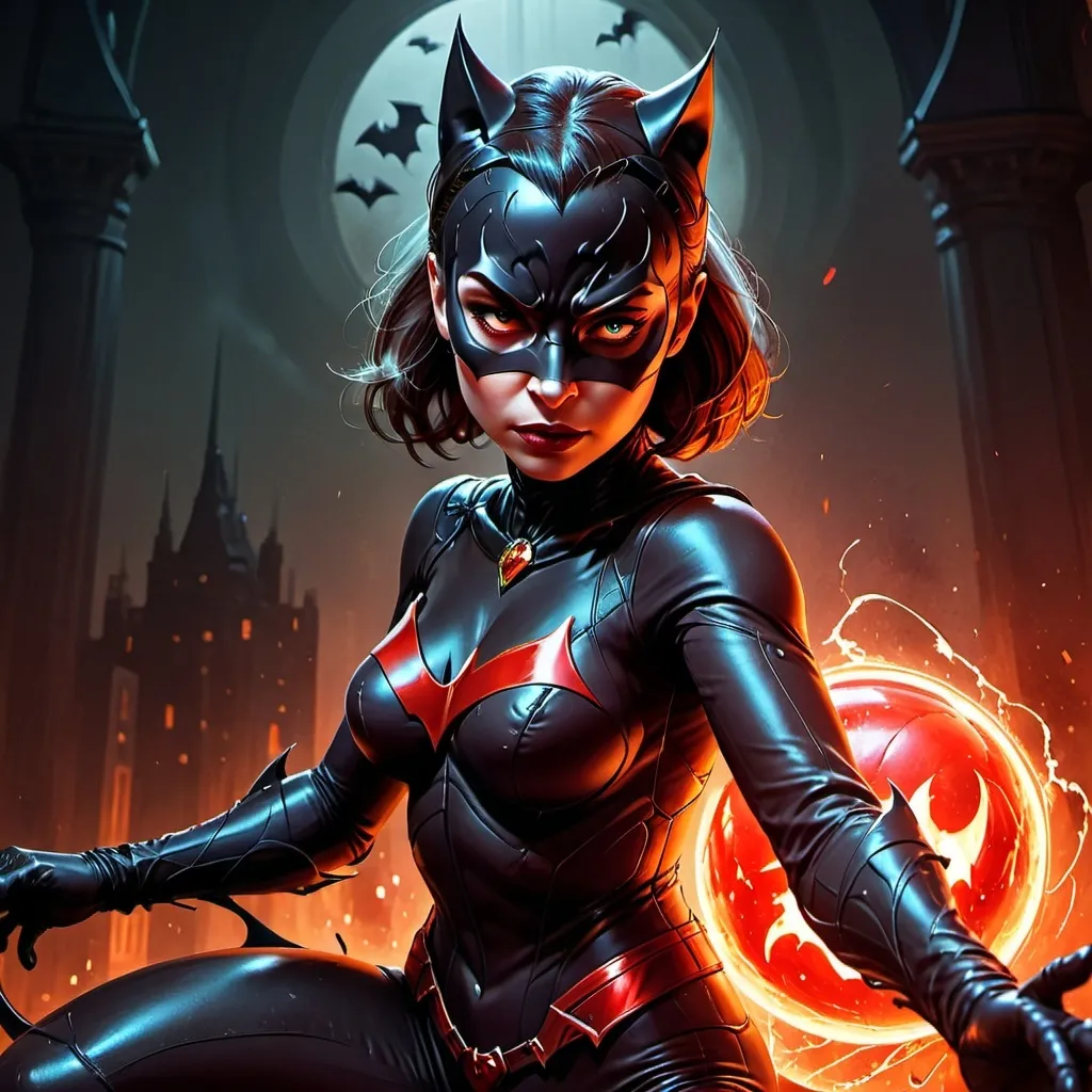 Prompt: Cinematic sci-fi illustration. Medium shot. Catwoman stands over Batman's lifeless body, red lantern ring glowing on her hand, red suit radiating intense energy. Dynamic composition. Glowing red core symbol on her chest, anger and rage burning in her eyes. Explosive red and orange hues, deep shadows, cinematic lighting. Highly detailed, intricate textures, best quality. Inspired by Loish, Ash Thorp, Greg Rutkowski. High-octane energy, intense emotions, dark gritty environments, dramatic flair, powerful posing, bold brushstrokes, vivid color palette, 8k resolution.