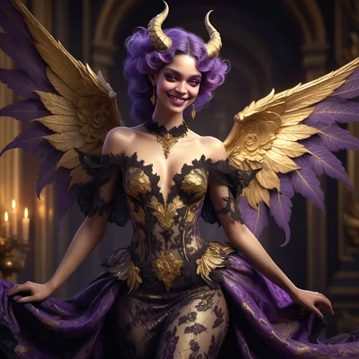 Prompt: Baroque fantasy art. Full body portrait. Female winged demon with a flirtatious smile in a moderate pose. Cinematic lighting. Gold, black, and purple lace gown. Delicate, intricate textures. Soft, glowing shadows. Warm, golden color scheme with deep purples and blacks. Ultra detailed, high contrast. Masterpiece. Best quality. 8k resolution. Digital painting. Fantasy illustration. Ornate, swirling patterns. Dramatic, expressive folds. Michael Whelan. Boris Vallejo.