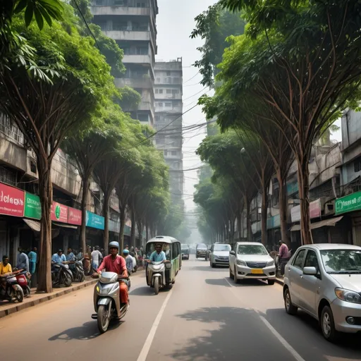 Prompt: As you continue your journey through Dhaka, you're struck by the lush canopy of trees lining the streets, each one pulsating with advanced technology seamlessly integrated into their bark. The air hums with the efficiency of the city's transportation system, where sleek, futuristic vehicles glide silently along roads, guided by the intricate network of smart sensors embedded within the foliage. As you navigate this verdant metropolis, you can't help but marvel at the harmonious blend of nature and technology shaping the urban landscape around you.