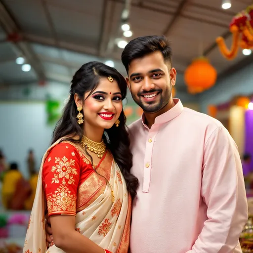 Prompt: A young couple poses closely together, smiling warmly at the camera in a well-lit indoor setting with a metal roof overhead. The woman wears a traditional saree embellished with intricate patterns, predominantly in soft hues of white and red, complemented by a matching red blouse, while her hair cascades down with a hint of decorative accessories. Her striking makeup includes bold red lipstick and ornate jewelry, including a necklace and earrings that enhance her festive look. Beside her, the man dons a light pink collared shirt with a subtle pattern, paired with white traditional trousers, sharing an inviting expression that reflects the joy of the moment. The overall atmosphere suggests a celebration, highlighted by decorative elements in the background that hint at a cultural gathering.